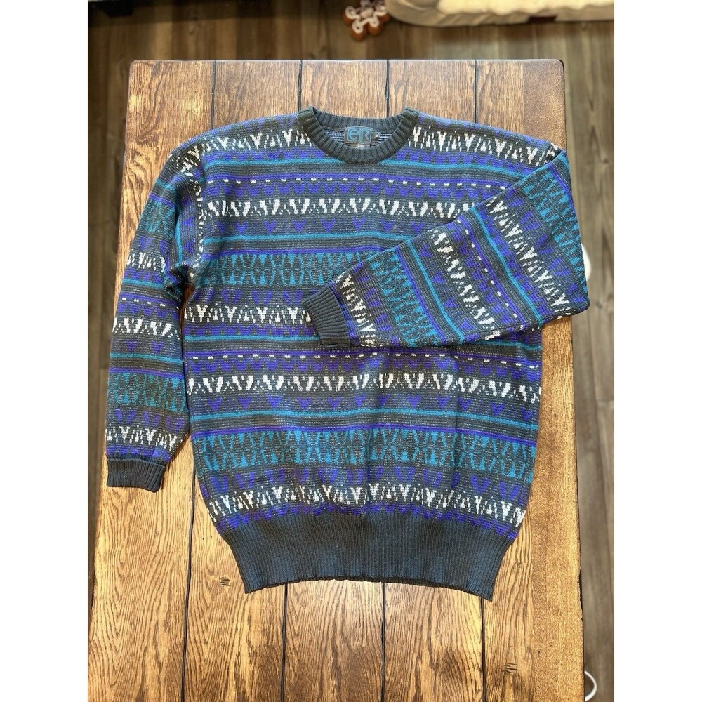 Vintage Knit Sweater Medium Black Blue EIR Chunky Knit 90s, XL